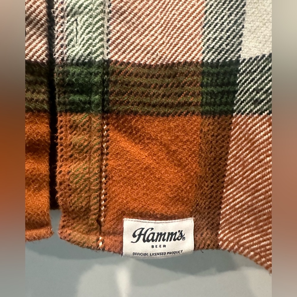 Men’s Angry Minnow Hamm’s Beer Fishing Club Brown/ Green Plaid Flannel- 2XL - Picture 14 of 16